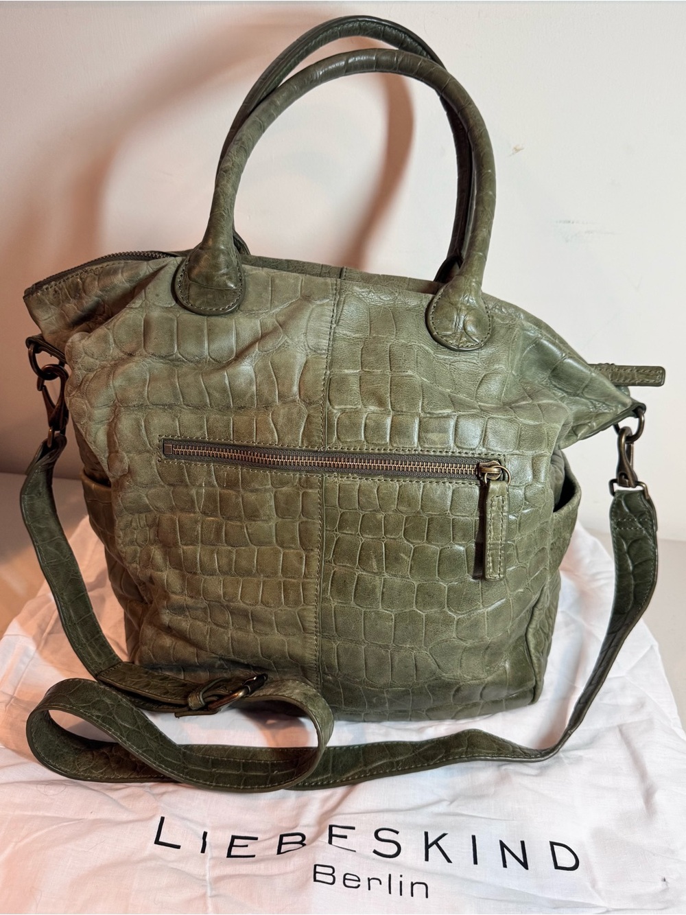 Liebeskind Berlin Olive Green Croc-Embossed Leather Crossbody Tote